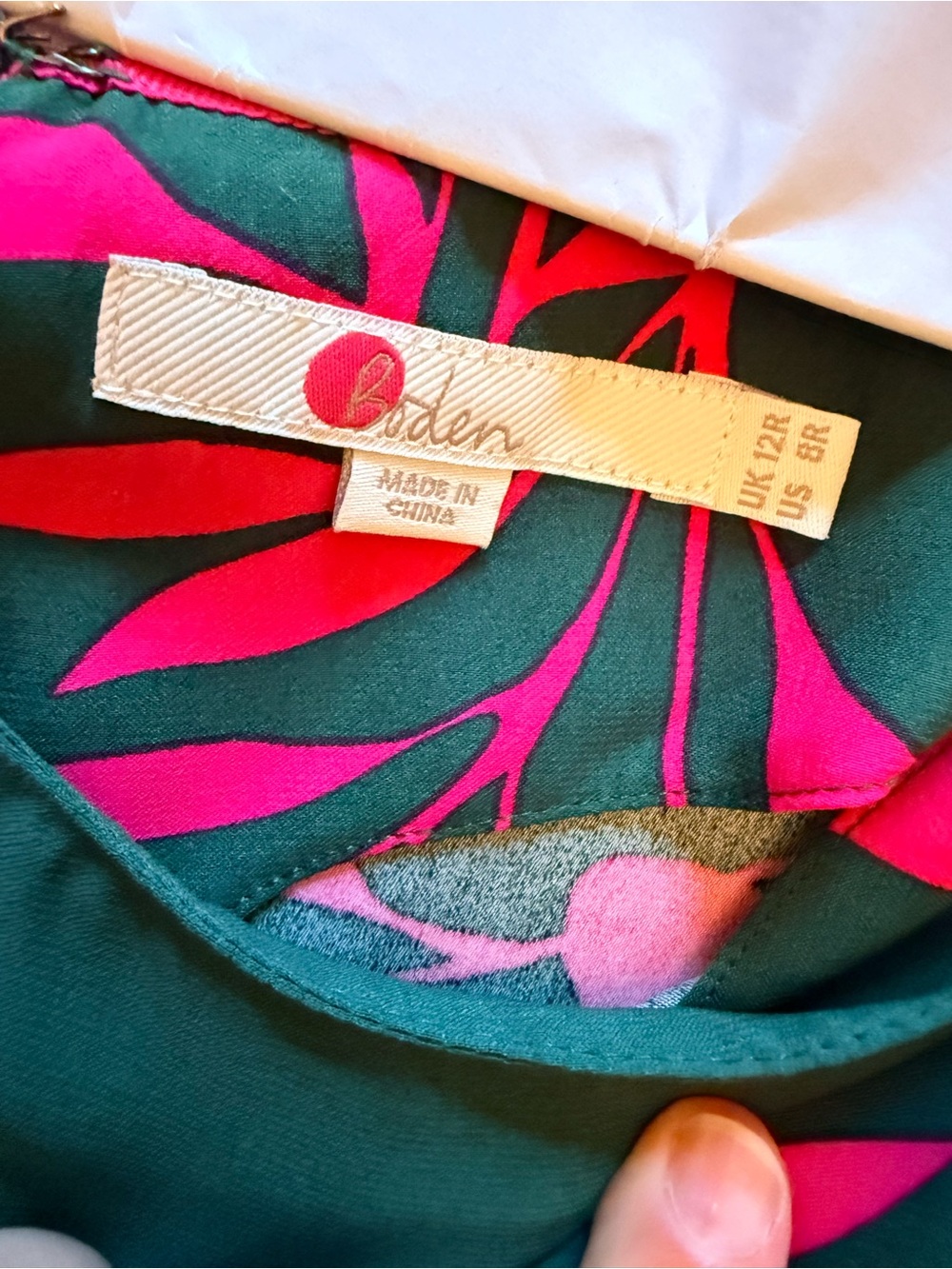 Boden Green Dress with Pink Floral Print and Striped Waist Tie-sz US 8 - Picture 5 of 9